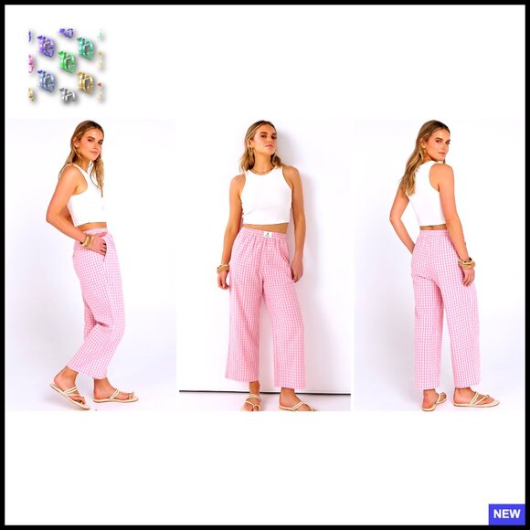 Striped Gingham Palazzo Pants Wide Leg Cropped Lounge Pajama Bottoms with - Picture 7 of 7